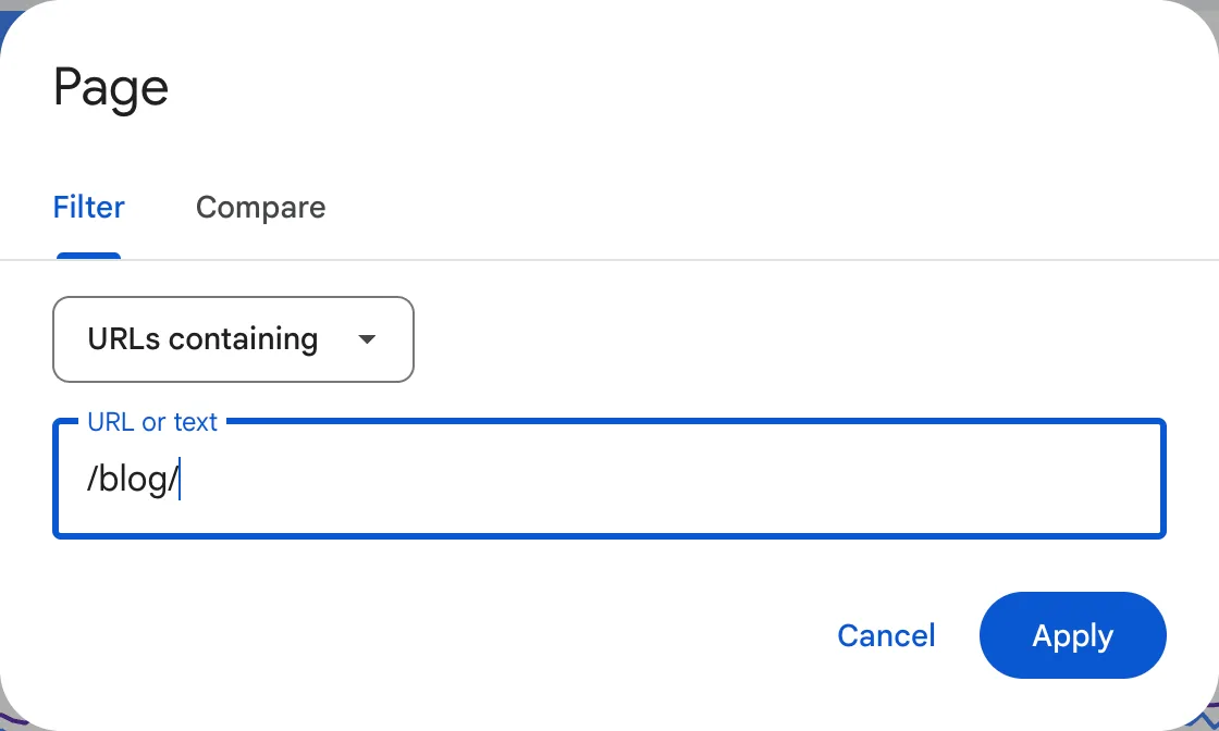 Search Console Page filter set to URLs containing /blog/