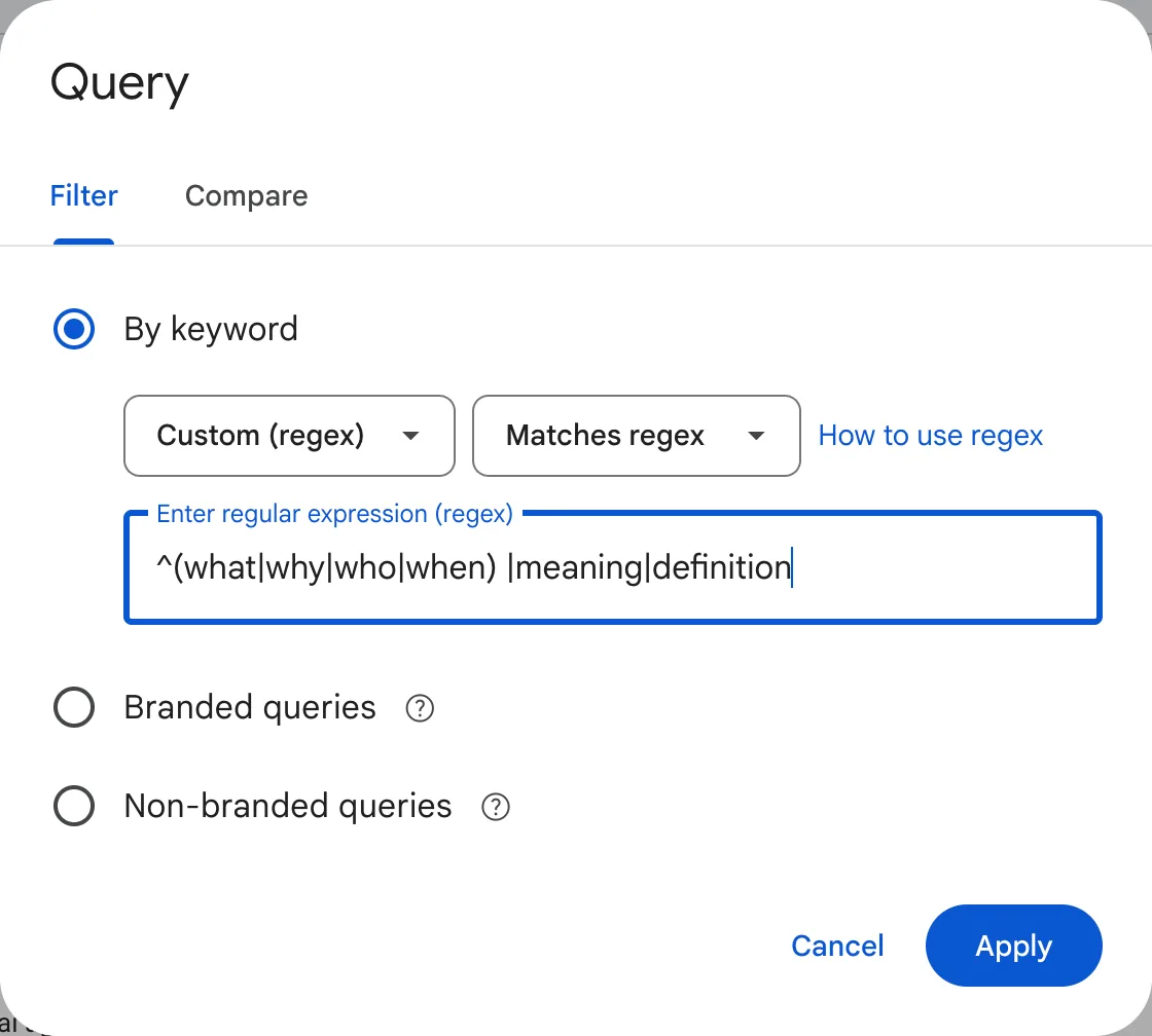Search Console Query filter with Custom (regex) selected and the learn pattern pasted in